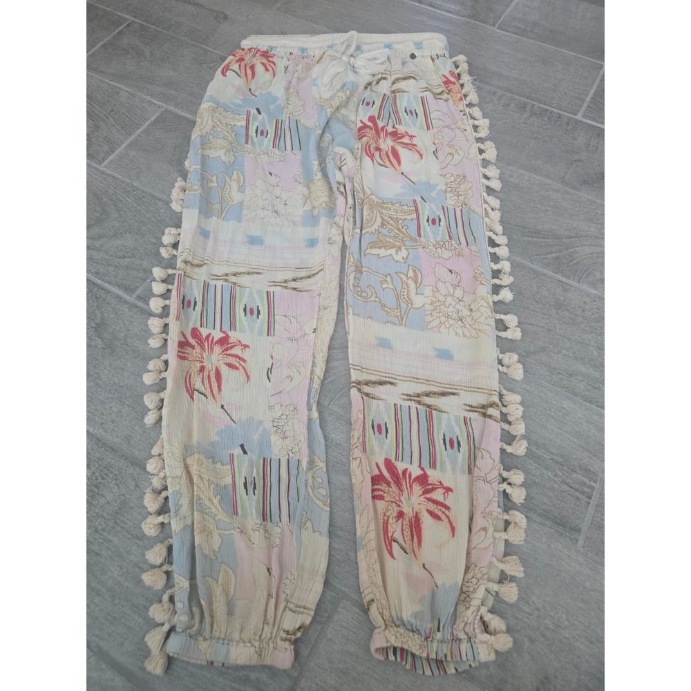 Z&L Boho Floral Patchwork Tassel Jogger Pants Pastel Vacation Beach Resort Large